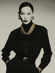 Fashion portrait with gold jewelry and sculptural styling, luxury festive content for holiday branding, advertising, marketing, and design