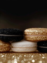 Black and gold glitter macarons on festive sparkling surface, editorial holiday assets for luxury branding with copy space and creative marketing