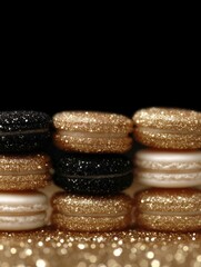 Stacked gold and black glitter macarons on dark festive background, with copy space holiday content for luxury branding, advertising, and digital design