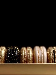 Gold assorted macarons in elegant row on dark background, luxury festive content with copy space for holiday branding, advertising, marketing, and design
