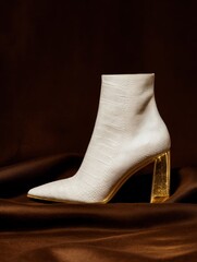 White ankle boot with gold heel on rich fabric background, editorial holiday assets for luxury branding and creative marketing