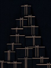 Stacked black gift boxes with metallic ribbons forming Christmas tree shape, holiday content for luxury branding, advertising, and digital design