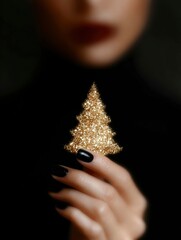 Woman in black holding small gold glitter Christmas tree ornament, editorial holiday assets for luxury branding and creative marketing