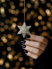 Hand with dark nails holding jeweled star ornament against gold bokeh lights, holiday content for luxury branding, advertising, and digital design