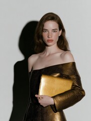 Woman in bronze textured coat holding gold clutch with sharp studio shadow, premium holiday visuals for branding, marketing, and digital design
