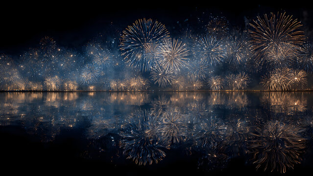 Glittering silver and gold fireworks cascading over a serene lake with crystalline reflections shimmering on the glassy surface and black sky