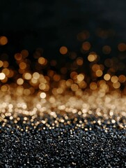 Gold glitter surface with soft bokeh lights on dark background, premium holiday visuals for branding, marketing, and digital design
