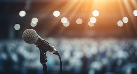 Illuminated microphone poised before a blurred audience anticipation of upcoming performance