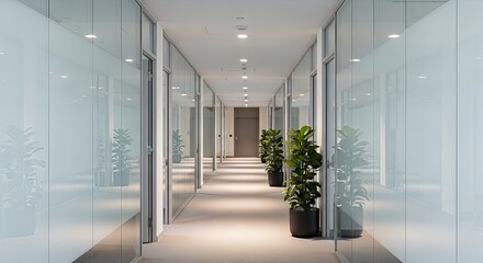 Illuminated office hallway, reflecting nature and modern workspace design with interior plants,