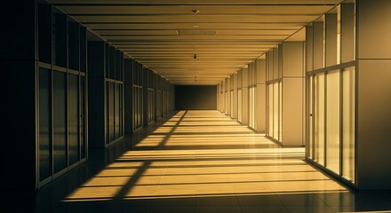 Illuminated pathway in building, corridor perspective with contrast and shadows for interior design