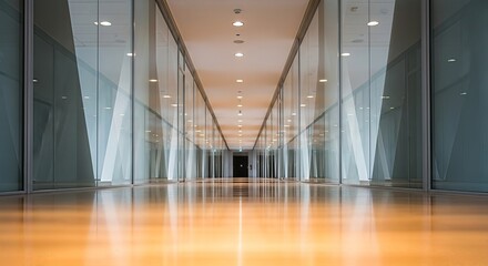 Illuminated perspective: A modern corridor with reflective surfaces and glass walls