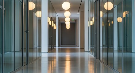 Illuminated Perspective: A Modern Office Corridor with Reflective Surfaces and Ambient Lighting