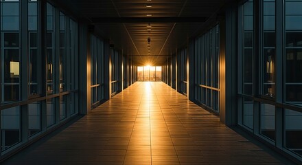 Illuminated walkway architecture with light through the windows and sunlight reflections in