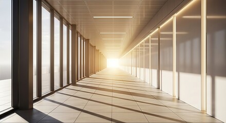 Illuminating pathway, a modern architectural hallway bathed in natural radiant sunlight