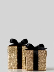 Two gold glitter gift boxes with black ribbons on light background with copy space editorial holiday assets for luxury branding and creative marketing 