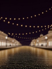 Festive city street with glowing string lights and golden reflections at night, premium holiday visuals for branding, marketing, and digital design