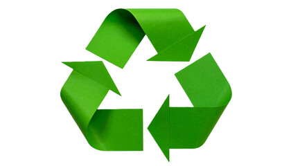 Obraz premium Abstract Green Geometric Recycling Arrows Symbol Cut Out, Illustrating Sustainability and Environmental Conservation on Isolated White Background