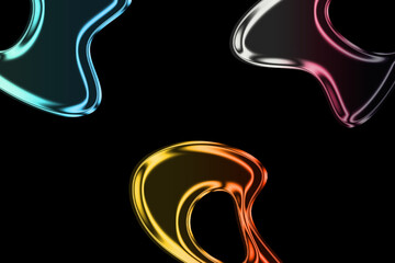 Neon Glass Circle Discs with Red and Blue Gradient on Black 3D Background – Abstract Transparent Lens Plates with Glow Wave Lines, Motion Blur Light Trails, Futuristic Illustration