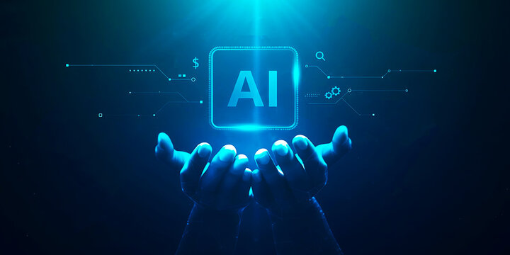 Technology artificial intelligence digital ai hand concept on cyber future business tech science innovation futuristic network strategy background virtual data communication. Science and Technology.3D