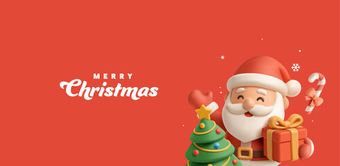 Merry, happy Santa, with gift, Christmas tree, and Christmas candy, cane, 3D. Red modern banner with Merry Christmas and Happy Holidays greetings. Vector illustration.