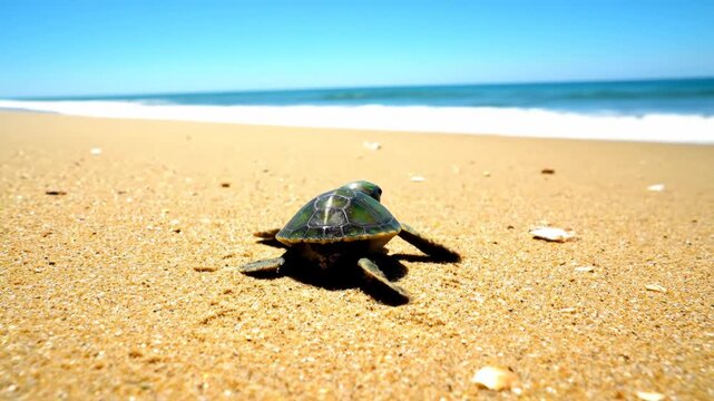 Baby turtle crawls on sandy beach toward ocean waves, sunny day