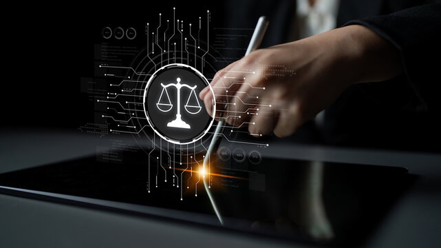 Futuristic digital law interface displaying justice scale, highlighting digital law, AI compliance, digital law systems, and digital law regulations for secure governance. Spline