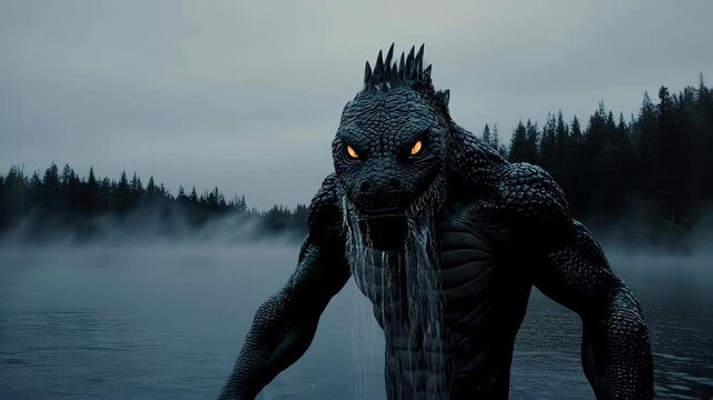 Emerging Leviathan: Dragon Rises from Misty Lake Depths with Glowing Eyes