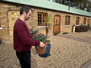 Man Arranging Potted Plant in Courtyard