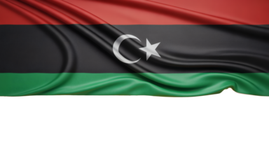 Dramatic flowing flag of Libya with bold red, black, and green stripes and crescent moon waving  above with copy space below symbol for patriotic designs