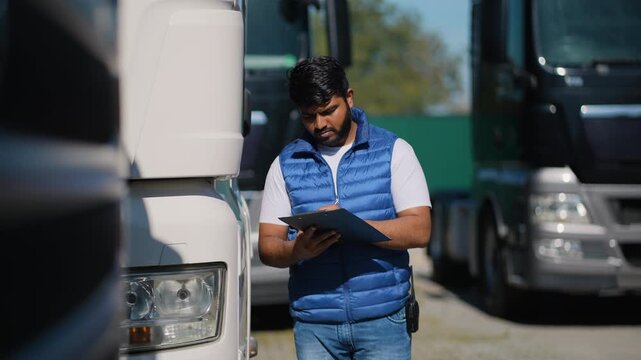 Indian truck driver inspecting vehicle before departure