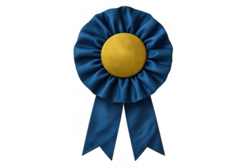 Blue rosette ribbon showing first place prize for competition winner, recognizing success and achievement, transparent background