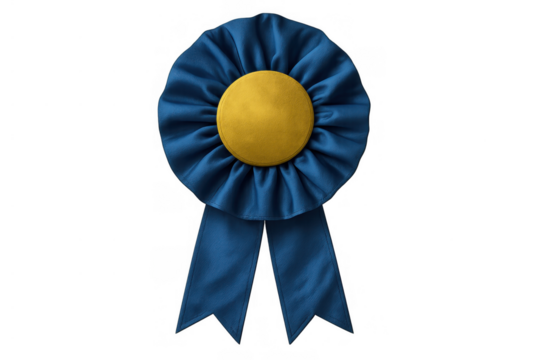 Blue rosette ribbon showing first place prize for competition winner, recognizing success and achievement, transparent background