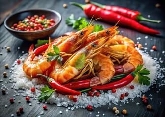 Indulge in the spicy delight of crispy deepfried prawns smothered in a fragrant blend of roasted chili and flaky sea salt