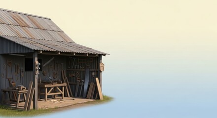 Charming rustic workshop shed filled with vintage tools and woodworking equipment