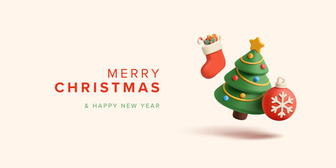 Christmas tree, Christmas red toy, sock with gift, candy cane. Minimalistic banner for Merry Christmas and New Year greetings. Vector illustration.