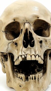 A detailed front view of a human skull with an open jaw, showcasing anatomical features and bone structure on a white background.