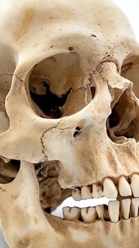 Close-up view of a human skull showing intricate bone structure, eye socket, and teeth.