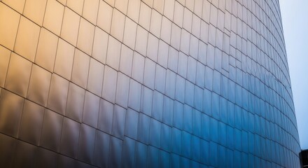 Contemporary building facade with metallic tiles and gradient lighting effect