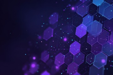 Abstract Hexagonal Pattern with Purple and Blue Hues on Dark Background with Floating Dots