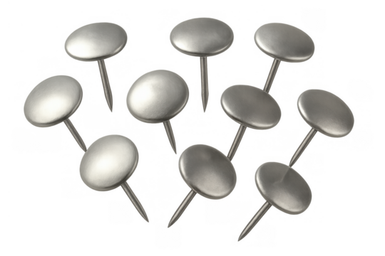 Silver metal thumbtacks, pushpins, and drawing pins scattering across a workspace, office supplies