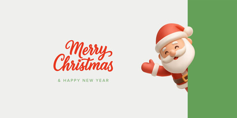 Cheerful 3D Santa Claus character looking out from behind a green background, showing Merry Christmas greetings or discount. For Christmas, New Year greetings. Vector illustration.