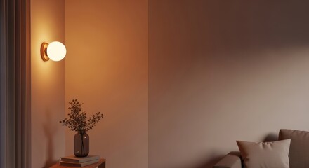Cozy interior with glowing wall lamp, plant, and soft neutral hues
