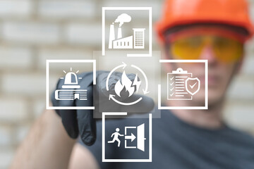 Emergency preparedness plan industry concept. Engineer using virtual touch screen presses the button of fire with lightning symbolizing: emergency plan. Checklist to do in disaster.