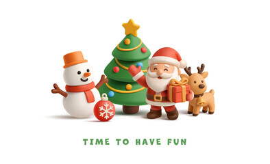 Winter Christmas scene with 3D cheerful character of Santa, snowman, deer, Christmas tree, Christmas tree toy. Time to have fun. Vector illustration.