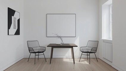 Dining room interior with a pastel triangular pattern on a wall and a rectangular table with blue and gray chairs near it. Horizontal poster. 3d rendering mock up