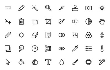 Photo Editing Tools vector icon set. Minimal line icns pack for editing softwae. Includes ruler, pencil,magic wand, crop, brush, easer, saturation, layers ad more. Editable stroke.