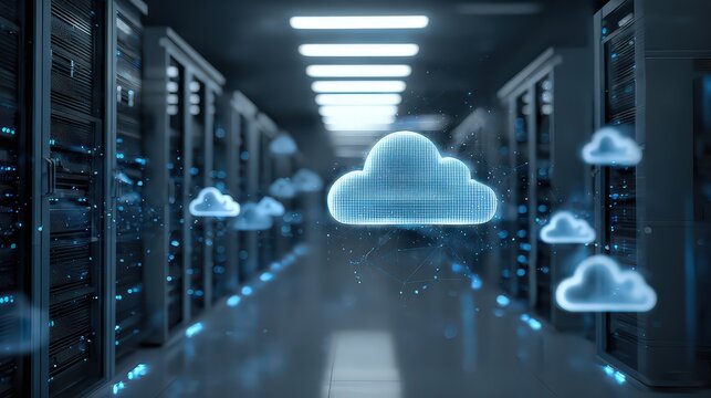 Data Center Interior with Digital Cloud Symbol and Glowing Particles