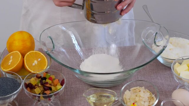 baking for Christmas Easter Making homemade cruffin step by step, rolling yeast dough, spreading butter and poppy seeds, adding dried fruits, baking layered cruffins, cooking process in the kitchen