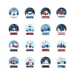 Collection of Charming Snow Globe Illustrations with Winter Scenes.