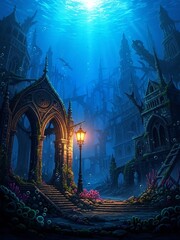 A masterpiece anime illustration in a vertical portrait (3:4) orientation, immersing the viewer deep within a chaotic and energetic underwater city during the blue hour twilight. Titanic gothic spires
